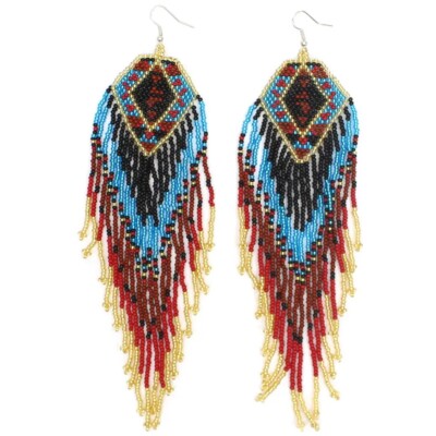 HANDMADE BEADED ARTISAN BOHEMIAN MULTI-COLOR EXTRA LONG HOOK EARRINGS
