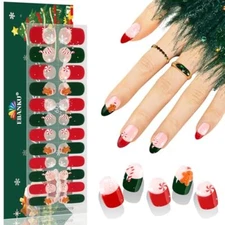  24PCS Christmas Semi-Cured Gel Nail Strips, French Candy Gingerbread