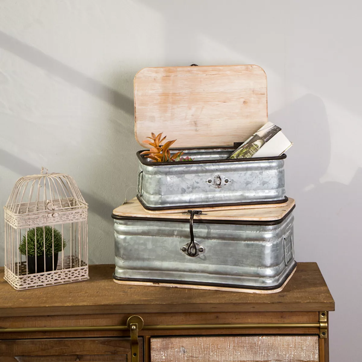 Glitzhome Set of 2 Farmhouse Galvanized Wood Storage Chests Boxes