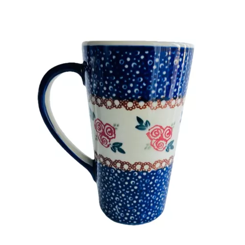 Polish Pottery Manufaktura Tall Coffee Tea Cup Mug Rose Cobalt Blue Marked