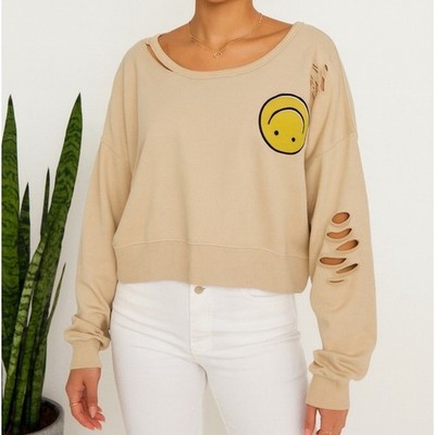 Blue B Crewneck Pullover Sweater Womens Sz Med Distressed NWT School Smiley Face