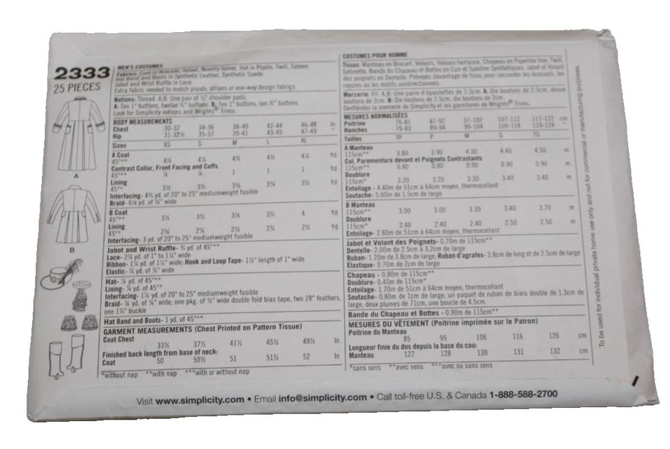 Simplicity Pattern 2333 Pirate Mad Hatter Captain Hook XS S M Uncut Sewing - Image 2 of 2