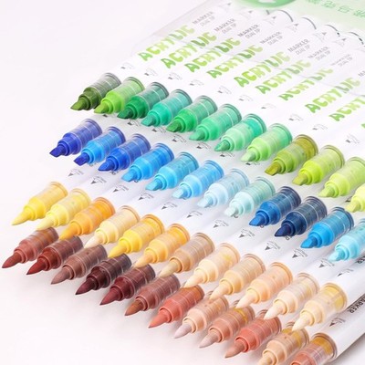 12 Colors Dual Tip Acrylic Paint Pens - Brush & Chisel Tip Acrylic Markers