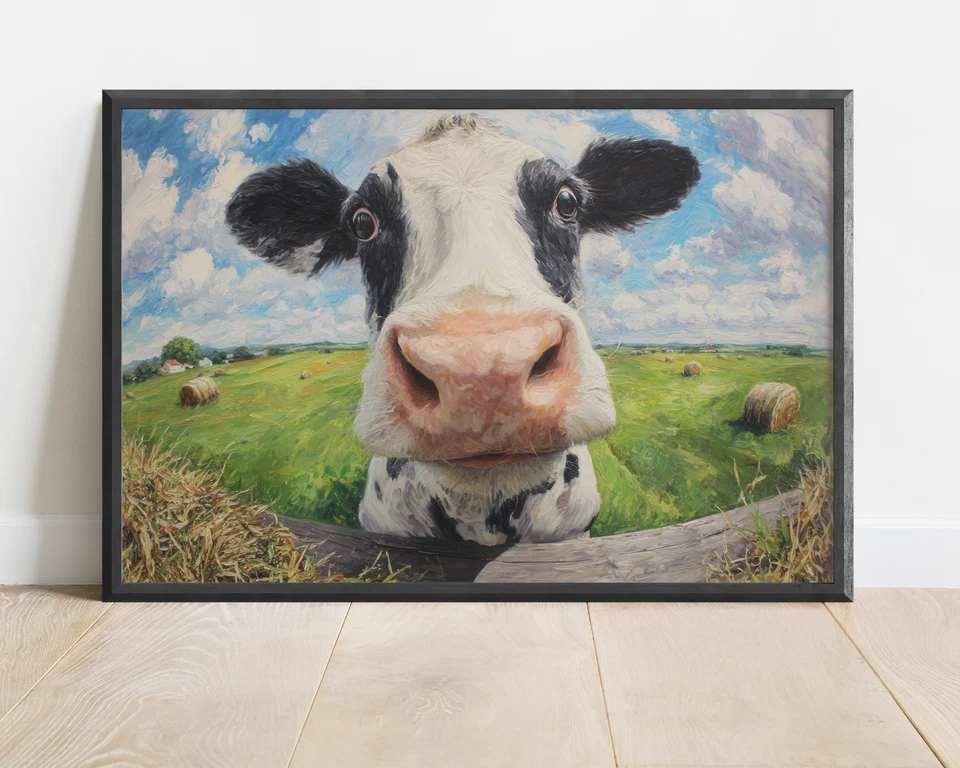 Divertido arte de pared de vaca, divertido lienzo de granja, pintura de animales, cocina rústica Foto 3 de 4