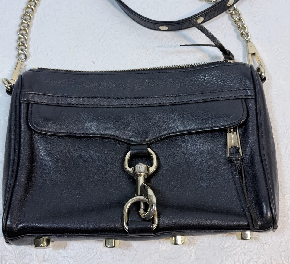Rebecca Minkoff Mini MAC Black Leather Crossbody Bag Purse Gold Tone Chain Strap - Image 3 of 4