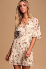 Lulu’s All Along Beige Pink Floral Print Faux Wrap Mini Dress Size XL NWT