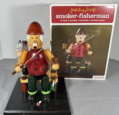 Holiday Living Smoker Fisherman Wooden Incense Burner 10  w Box Cones Christmas