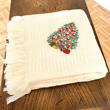 Lands End 100 Wool Throw Blanket Embroidered Christmas Tree Holiday Vtg '04 NIP