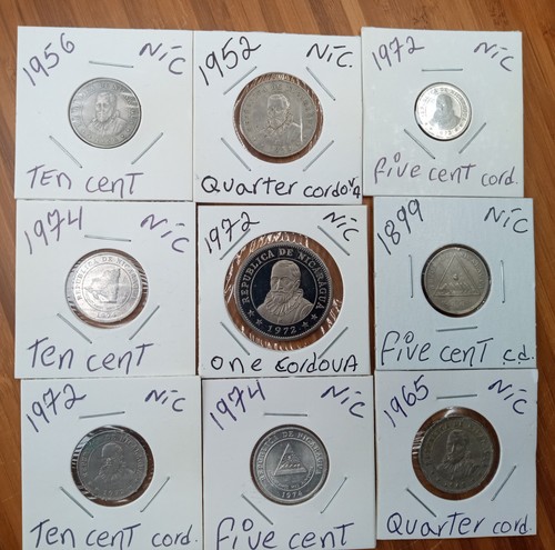 Nicaragua: Lot of 9 Assorted Antique Coins (#5)