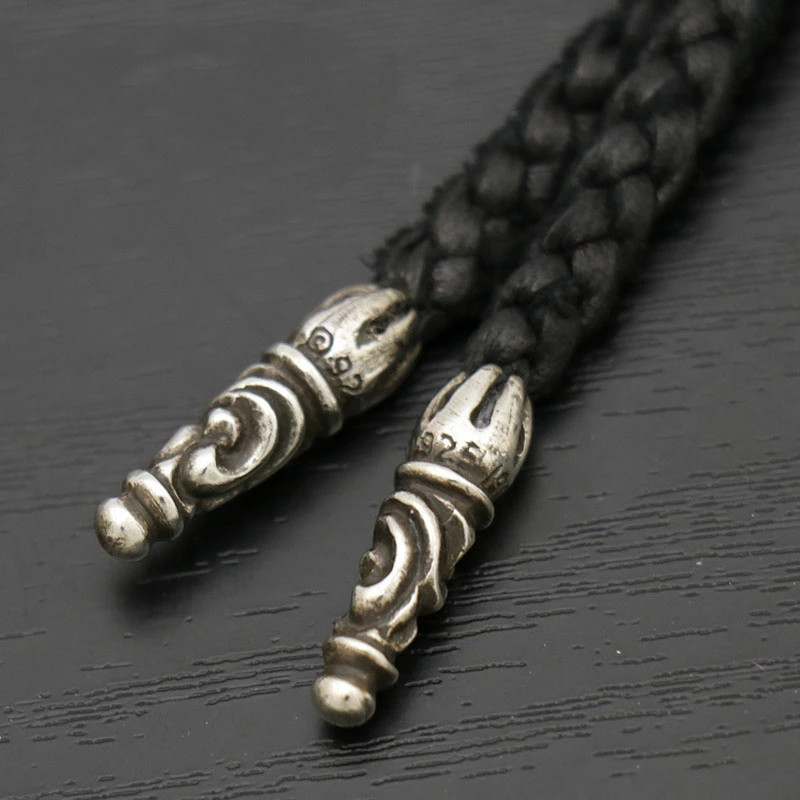 AUTH CHROME HEARTS XS FILIGREE CROSS NECKLACE LEATHER BRAID 925