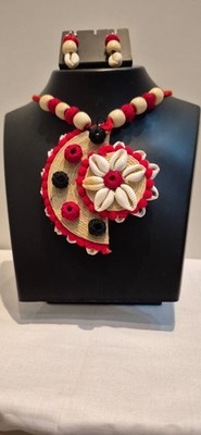 Handmade Jute Tribal Necklace Set Cowrie Shell Red Black Bead Indian Boho Jewelr