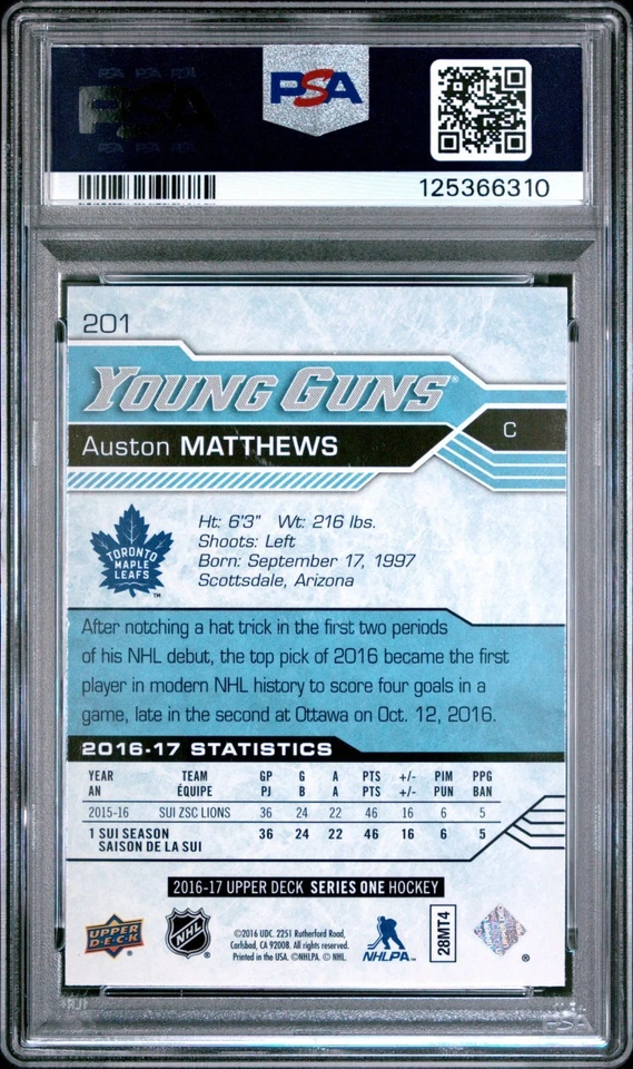 2016 Upper Deck YOUNG GUNS 201 Auston Matthews Rookie RC PSA 10 GEM MINT ! - Image 2 of 2