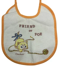 Vintage 1960s Gerber Baby Drool Bib "Friend or Foe" Tie On Cat Yarn Terry Vinyl