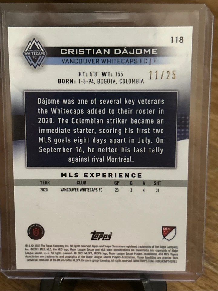 2021 Topps Chrome MLS Orange Refractor /25 Cristian Dajome #118 Rookie RC - Image 2 of 2