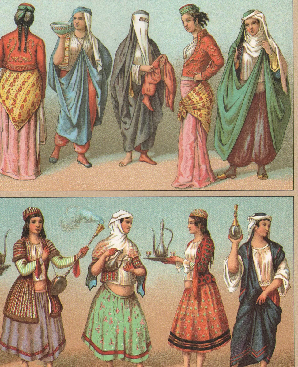 VINTAGE FASHION COSTUME PRINT ~ 19th CENTURY MIDDLE EAST WOMEN PERSIAN