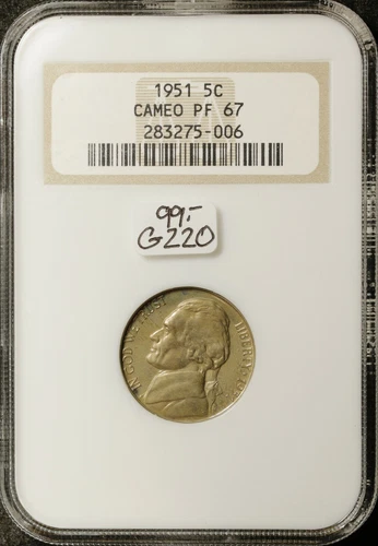 1951 Jefferson Nickel.  In NGC Holder.  PF67.  CAMEO.  G220