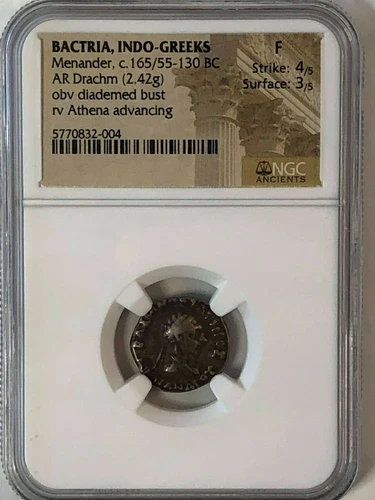 Bactria Indo-Greeks Menander c.165/55-130 BC AR Drachm Athena NGC F 2.42g