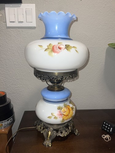 Vintage Hand Painted Milk Glass Blue Pink Yellow Roses Floral Hurricane Table La - Picture 4 of 11