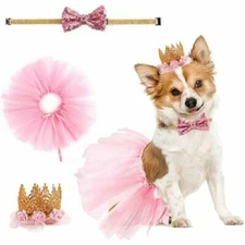 Pet Girl Dog Birthday Crown Hat Bowknot Collar Tutu Skirt Party Supplies