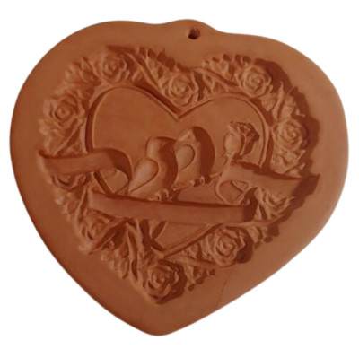 Vintage Heart Shaped Terra Cotta Pottery Plate - 1932 Cotton Press Mold - Birds