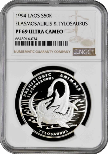 Laos 50 kip 1994, NGC PF69 UC, "Elasmosaurus vs Tylosaurus" Top Pop 2/0