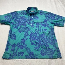 Vintage Hawaiian Heritage By Allan James Shirt XL/XXL Blue Floral All Over Print