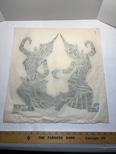 Rare Green Thai Temple Rubbing 19.5”x 18.5” Made in Thailand Two Women Dancing - Picture 8 of 12