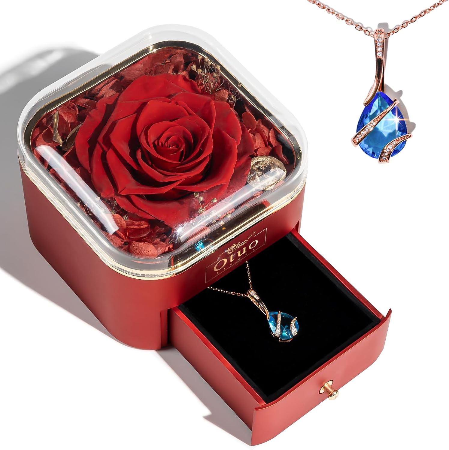 Preserved Roses Gift Jewerlry Box Real Eternal Rose Flower with Necklace Red