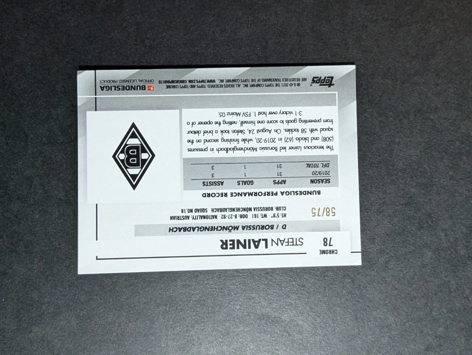 2020-21 Topps Chrome Bundesliga Sapphire Edition Green /75 Stefan Lainer #78 - Image 3 of 4