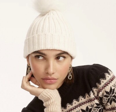 J. Crew NWT Ribbed Beanie with Faux-Fur Pom-Pom - Black | eBay display picture 1