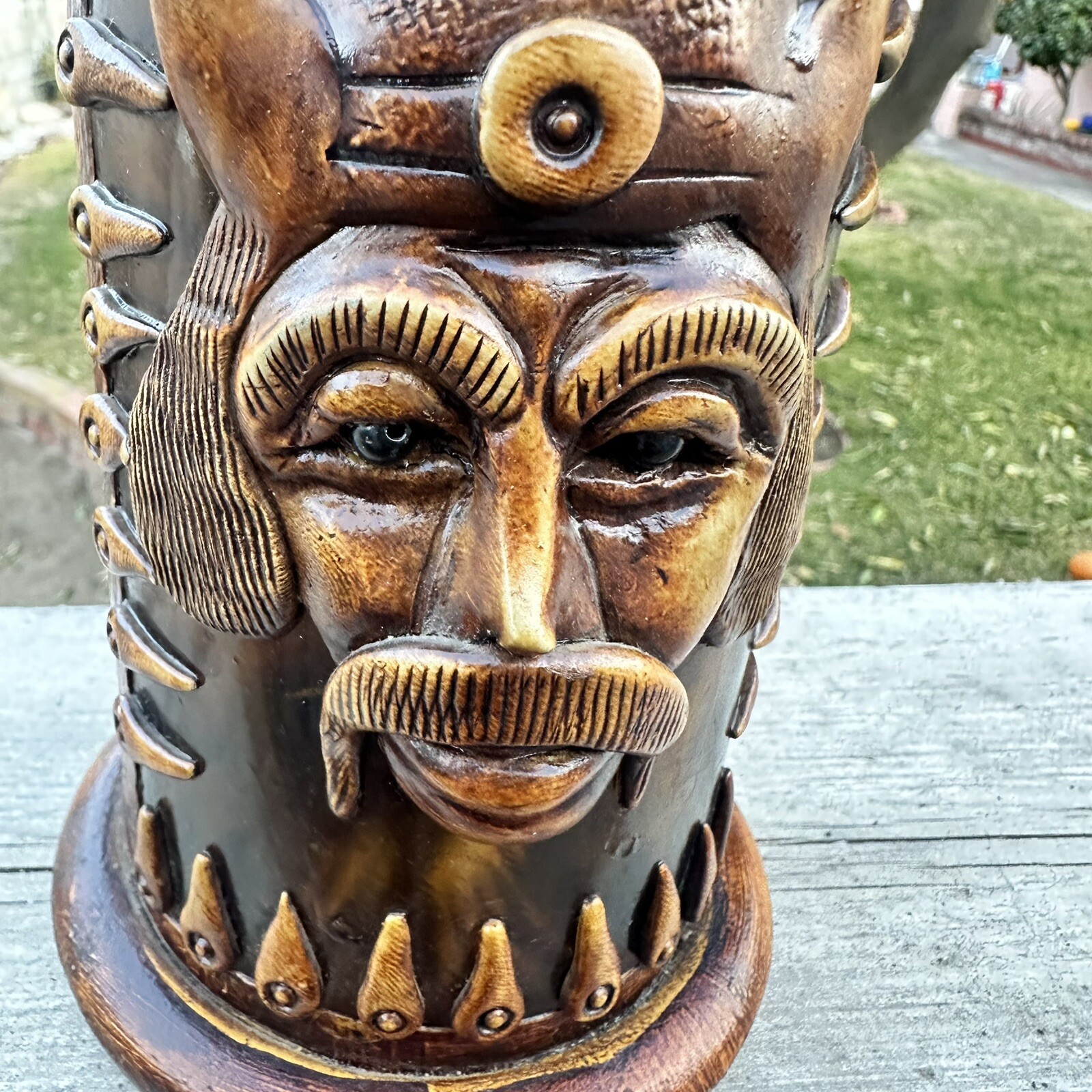 VIKING Folk Art Leather Wrapped Plaster Wine Bottle Decanter Unique Vintage OOAK