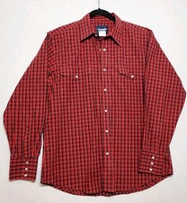 VTG Wrangler Pearl Snap Mens Shirt Sz L Red Buffalo Plaid Rockabilly Western Y2K