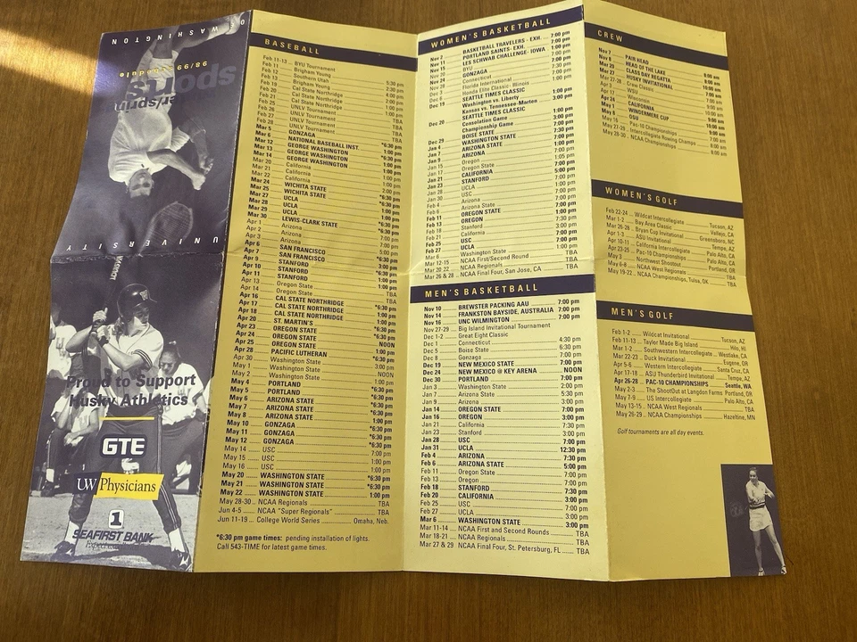 Folleto de calendario vintage de deportes de invierno/primavera 98/99 de la Universidad de Washington Foto 4 de 4