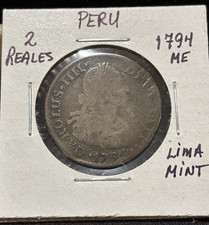 PERÚ 2 Reales 1794 ME, Casa de la Moneda de Lima, Plata, Carlos III, Bajo Grado pero Popular. A2
