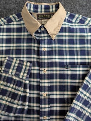 VTG 90s Deep River Trading Shirt Men Sz M Blue Green Plaid Khaki Contrast Collar