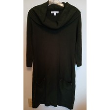 London Times Dark Green Sweaterknit Dress Large Ribbed Cowl Neckline Pockets