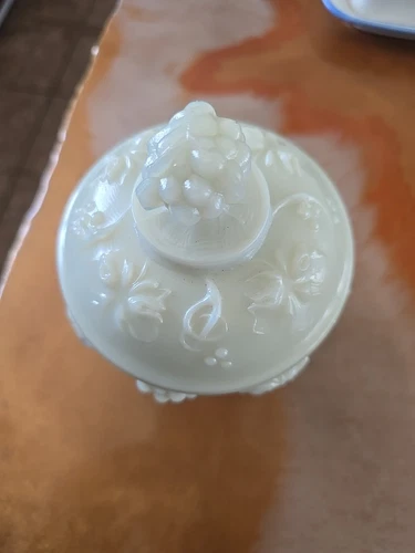 Vintage Portieux Vallerysthal Opaline Milk Glass Covered Footed Candy Dish Grape