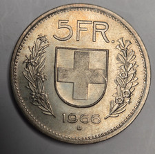 1966 B Switzerland Silver 5 Francs Coin-small type "Herdsman" KM#52