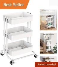 Multifunctional 3-Tier Rolling Cart with Mesh Baskets  Locking Casters, White