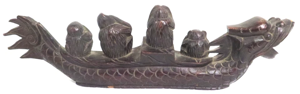 Early C20th Chinese Carved Mahogany Wood Monkey Group on a Dragon Boat - Image 4 of 4