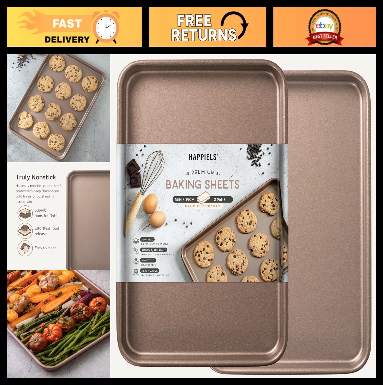 Nonstick Baking Sheet Set of 2 - 15x10 Inch Cookie Sheets, PFOA & BPA Free, Carb