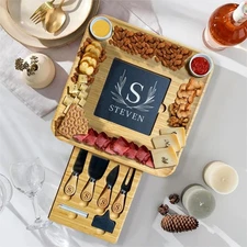 Custom Engraved Bamboo Cheese Board Drawer 4 Knives Slate Wedding Gift