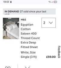 NEW SINGLE  WHITE FITTED SHEET HALF PRICE. COTTON SATEEN 400 TC EXTRA DEEP 38cm