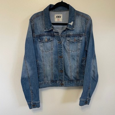 REWASH Distressed Medium Wash Stretch Denim Trucker Jacket XL Effortless Style