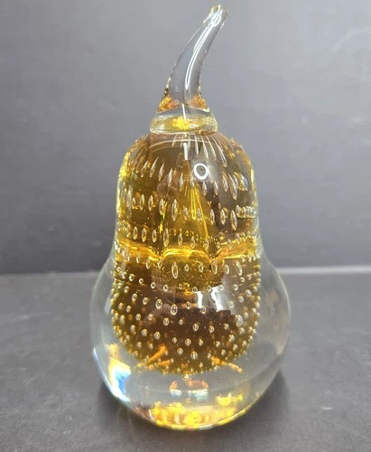 Vintage Murano Blown Art Glass Amber Clear Controlled Bubble Teardrop Pear Fruit