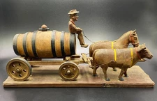 RARE Vintage Hand Carved Wooden Beer Cart with Mule & horse, FOLK ART, Anri