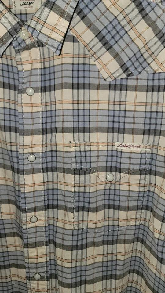 Camisa Lucky Brand California Fit Para Hombre L Madras Cuadros Azul Verde Manga Corta Foto 2 de 4