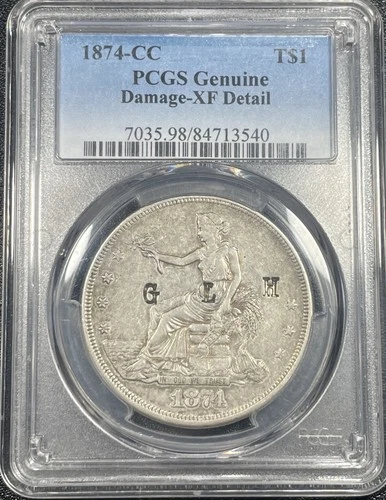 1874-CC Trade Silver Dollar $1 PCGS XF Details Damage Carson City
