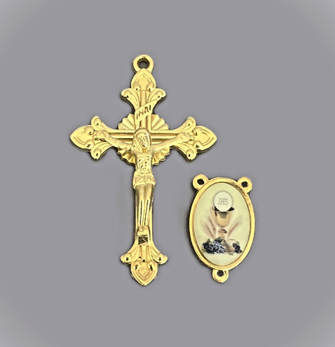 SALE Rosary CENTER & CRUCIFIX Set First 1st Communion COLOR Centerpiece Gold 2pc