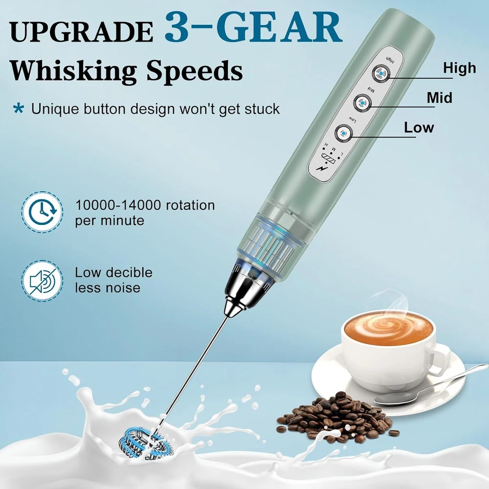 Milk Frother Handheld for Coffee, Electric Whisk 3 Speed Morandi Green